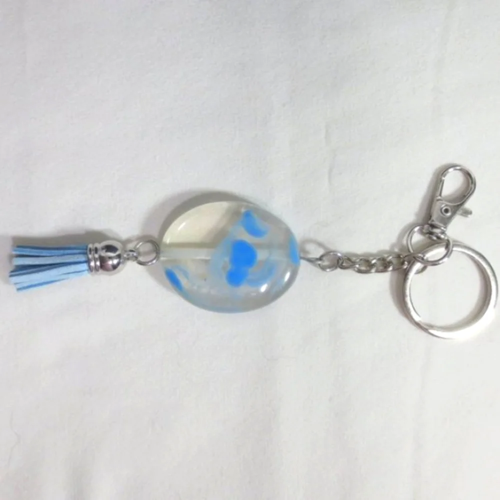 New Handcrafted Keychain Bag Charm Blue Beaded Boho Leather Tassel Swivel Clip